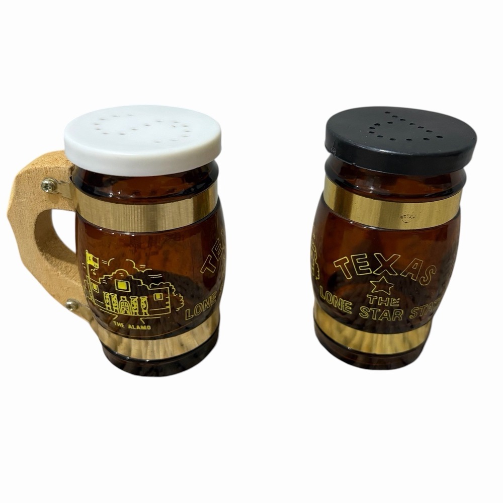 Vintage Salt Pepper Shakers TEXAS Barrell Glass Wooden Handles Lone Star State‎